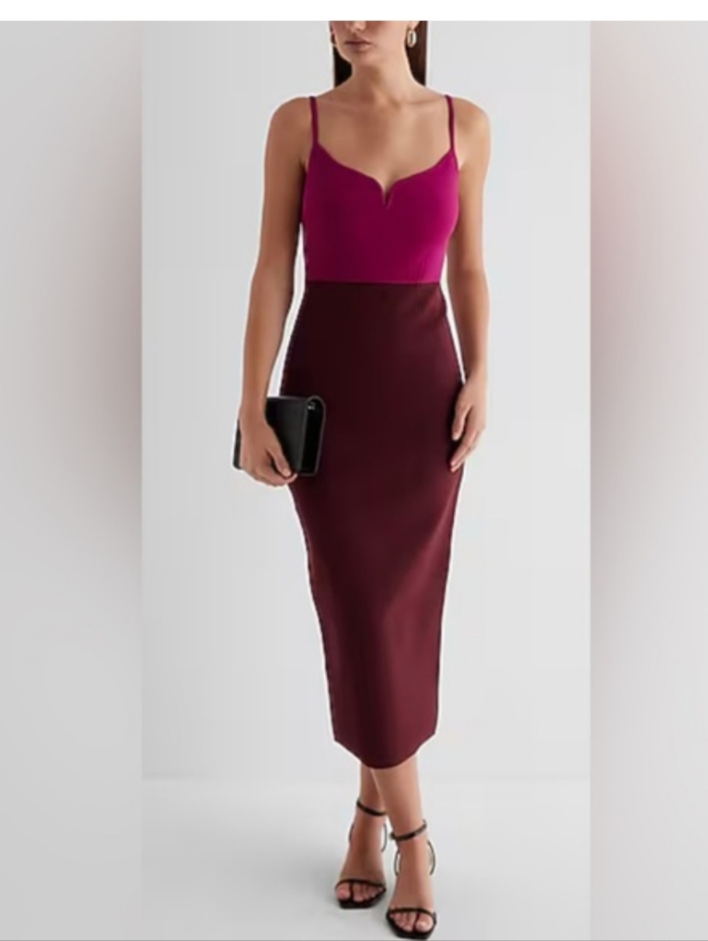 Express Colorblock V-Wire Body Contour Midi Skirt — Magenta & Burgundy